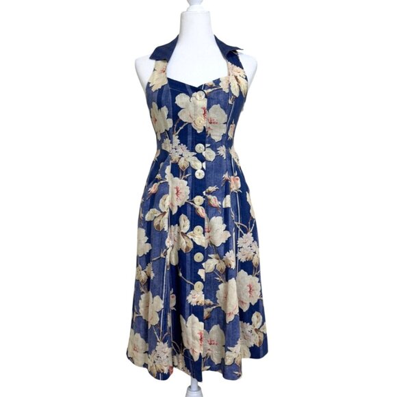 Anthropologie Dresses & Skirts - Anthropologie Camellia Collared Dress Sleeveless Floral Fit Flare Blue US Size 0